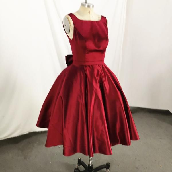 JazzHer Dark Red Satin Backless Vintage Style Party Dress Homecoming Dresses with Bow (PRE-ORDER)