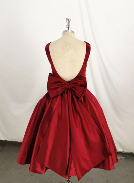 JazzHer Dark Red Satin Backless Vintage Style Party Dress Homecoming Dresses with Bow (PRE-ORDER)