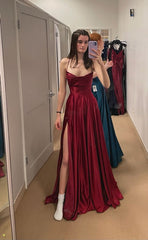 JazzHer Elegant A Line Spaghetti Straps Burgundy Long Slit Prom Dresses Formal Dress (PRE-ORDER)