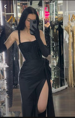 JazzHer Elegant Sheath Straps Black Satin Beads Slit Long Prom Dresses Formal Dress (PRE-ORDER)