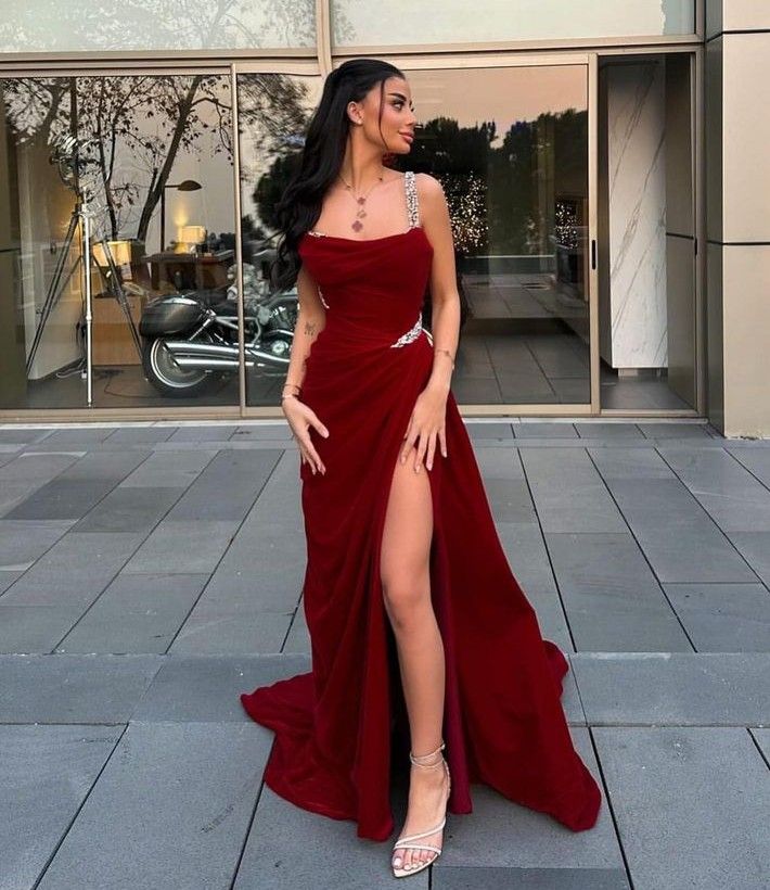 JazzHer Elegant Sheath Straps Burgundy Satin Silver Beads Slit Long Prom Dresses Formal Dress (PRE-ORDER)