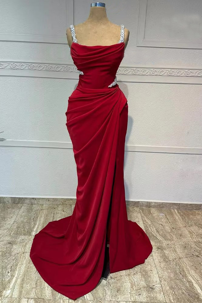 JazzHer Elegant Sheath Straps Burgundy Satin Silver Beads Slit Long Prom Dresses Formal Dress (PRE-ORDER)