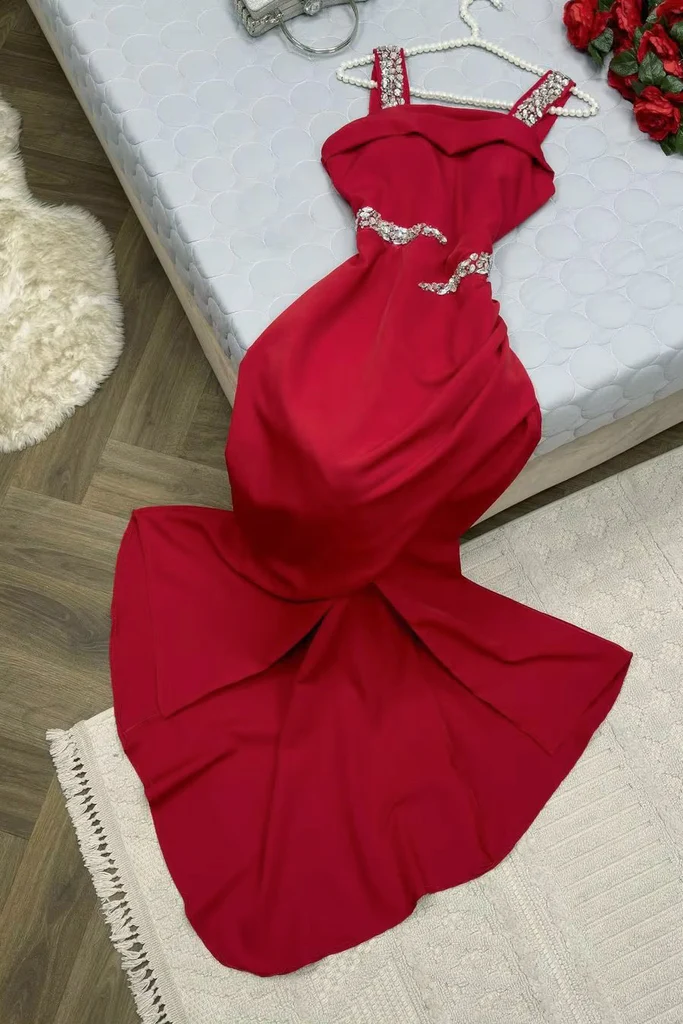 JazzHer Elegant Sheath Straps Burgundy Satin Silver Beads Slit Long Prom Dresses Formal Dress (PRE-ORDER)