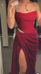 JazzHer Elegant Sheath Straps Burgundy Satin Silver Beads Slit Long Prom Dresses Formal Dress (PRE-ORDER)