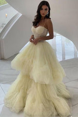 JazzHer Princess A Line Spaghetti Straps Layers Daffodil Tulle Prom Dresses Unique Formal Dress (PRE-ORDER)