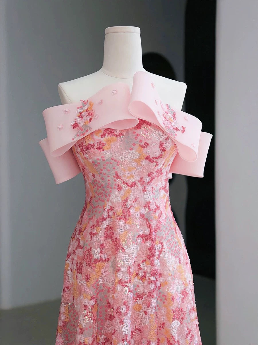 JazzHer Fairy Style A-line Off Shoulder Strapless Pink Long Evening Dress Prom Dress (PRE-ORDER)