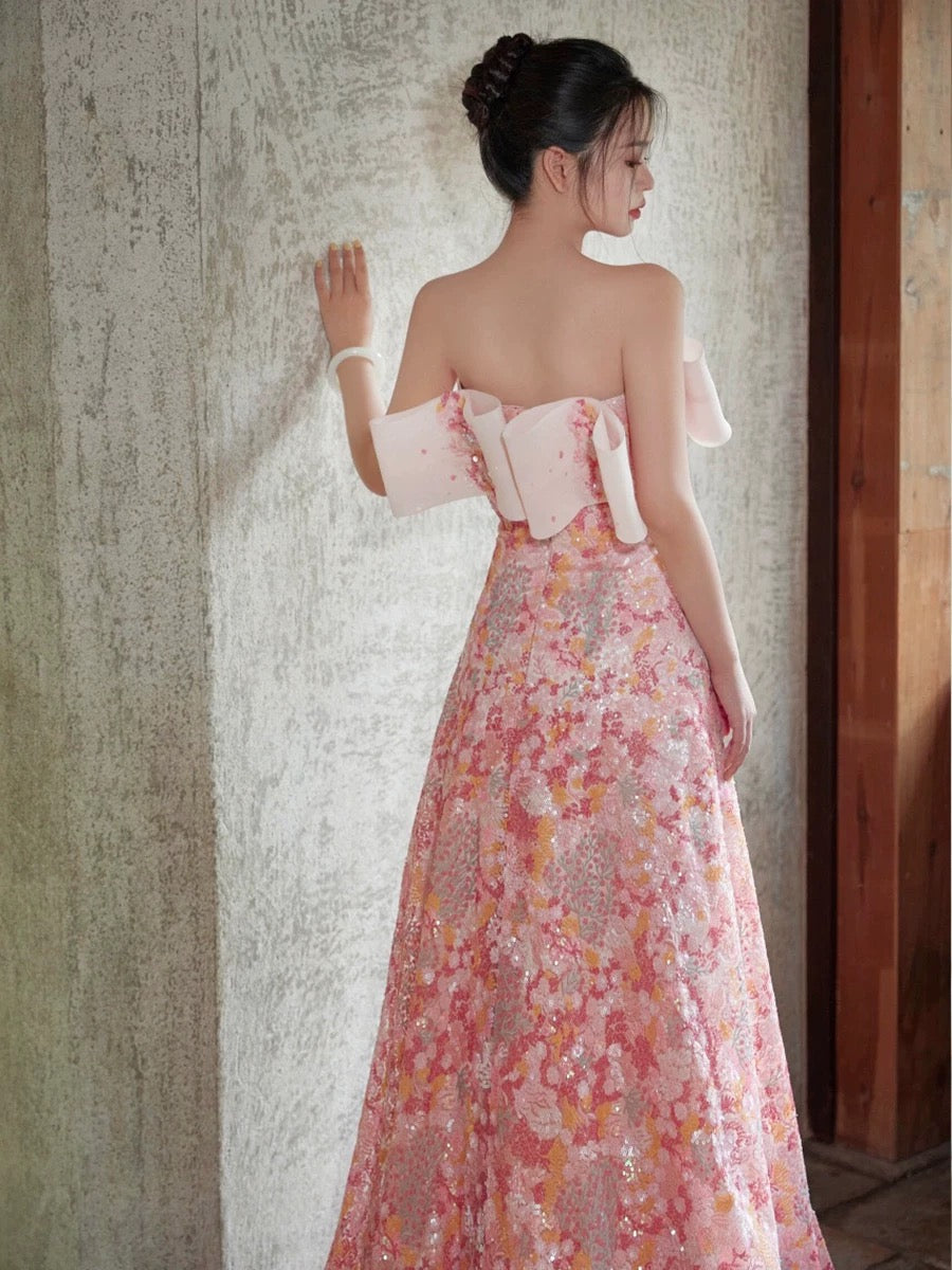 JazzHer Fairy Style A-line Off Shoulder Strapless Pink Long Evening Dress Prom Dress (PRE-ORDER)