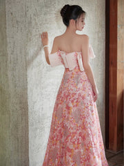 JazzHer Fairy Style A-line Off Shoulder Strapless Pink Long Evening Dress Prom Dress (PRE-ORDER)