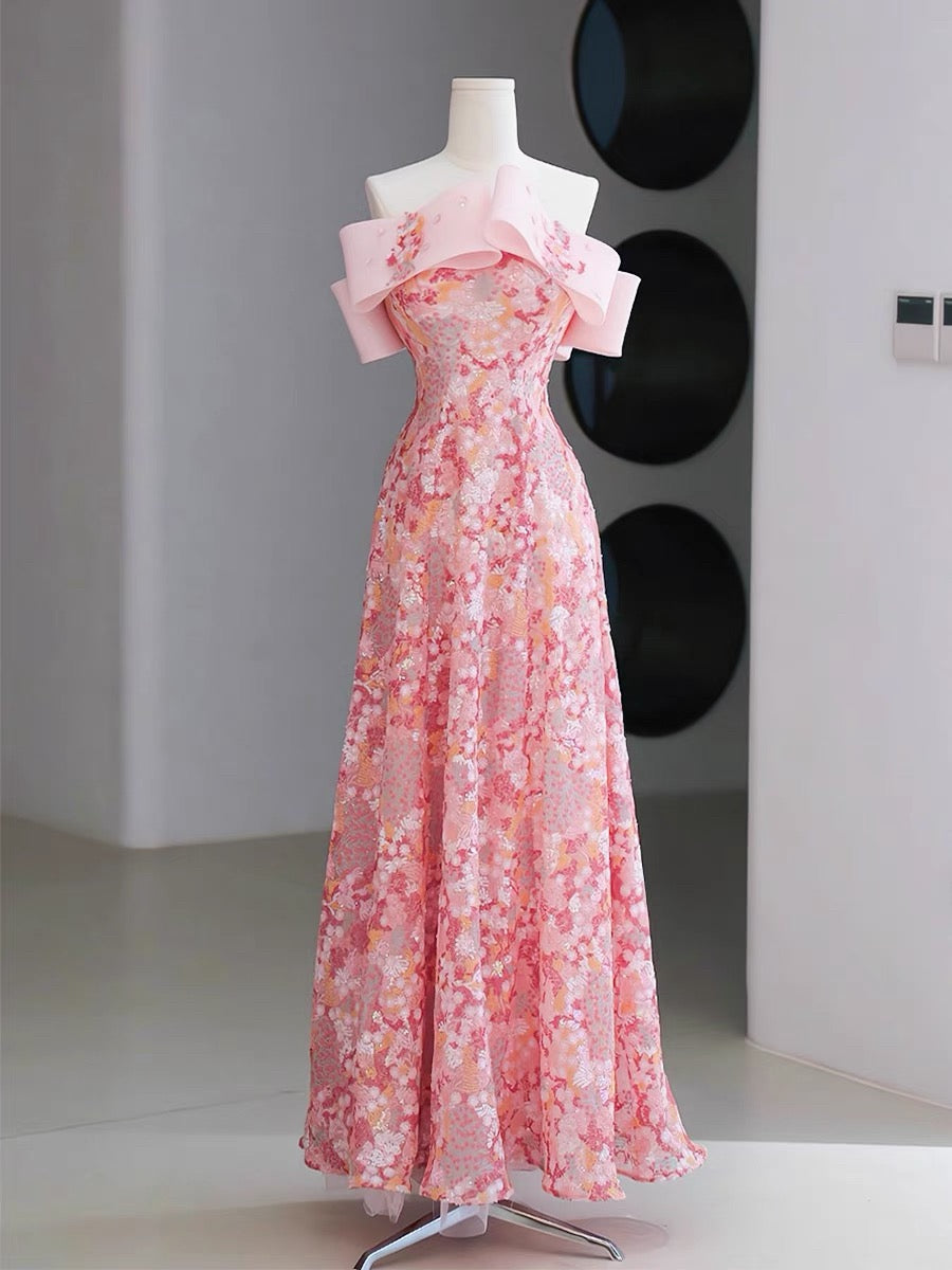 JazzHer Fairy Style A-line Off Shoulder Strapless Pink Long Evening Dress Prom Dress (PRE-ORDER)