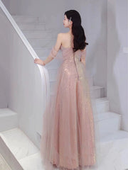 JazzHer Elegant A Line Spaghetti Straps Pink Sequin Long Prom Dress Evening Dresses C(PRE-ORDER)