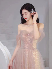 JazzHer Elegant A Line Spaghetti Straps Pink Sequin Long Prom Dress Evening Dresses C(PRE-ORDER)