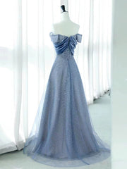 JazzHer Elegant A Line Off The Shoulder Blue Sequin Long Prom Dress Evening Dresses (PRE-ORDER)