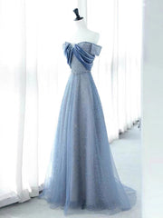 JazzHer Elegant A Line Off The Shoulder Blue Sequin Long Prom Dress Evening Dresses (PRE-ORDER)