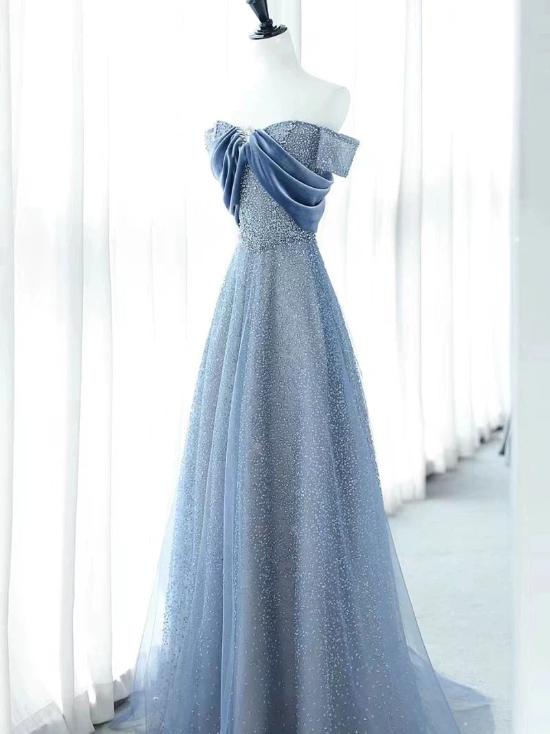 JazzHer Elegant A Line Off The Shoulder Blue Sequin Long Prom Dress Evening Dresses (PRE-ORDER)