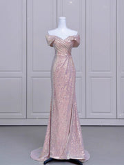 JazzHer Elegant Mermaid Off The Shoulder Pink Sequin Long Prom Dress Evening Dresses (PRE-ORDER)