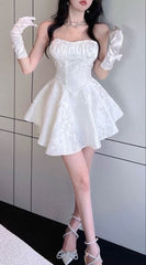 JazzHer Sexy A line Strapless Short White Lace Homecoming Dress (PRE-ORDER)