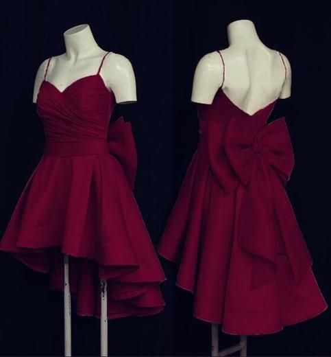 JazzHer Cute High Low Short Burgundy Prom Dress With Bow Homecoming Dresses (PRE-ORDER)