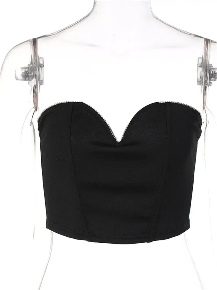 JazzHer 2024 Diamonds Patchwork Tube Top Corsets Tank Sexy Party Strapless Off Shoulder Vest  Summer Y2K Crop Tops