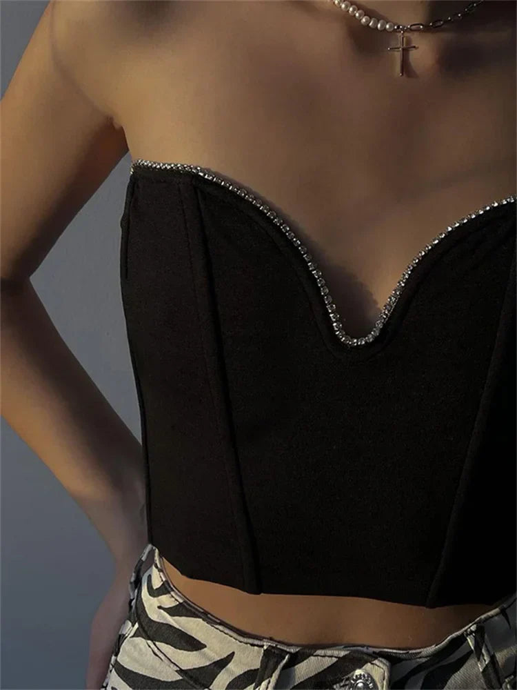 JazzHer 2024 Diamonds Patchwork Tube Top Corsets Tank Sexy Party Strapless Off Shoulder Vest  Summer Y2K Crop Tops