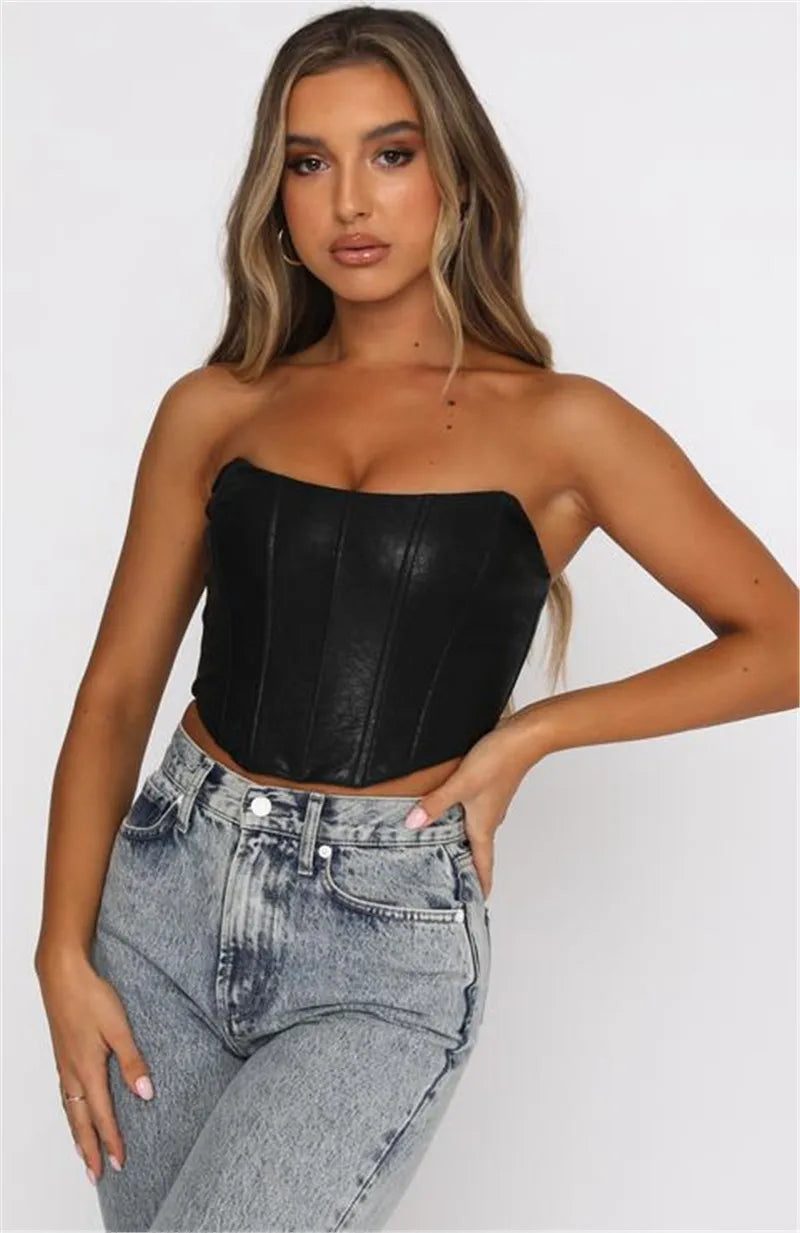 JazzHer 2024 PU Leather Tube Bustiers Corsets Strapless Off Shoulder Tank Vest Bodycon Slim Push Up Outwear Crop Tops