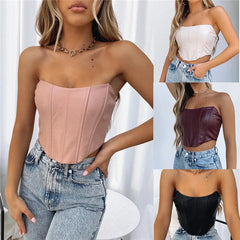 JazzHer 2024 PU Leather Tube Bustiers Corsets Strapless Off Shoulder Tank Vest Bodycon Slim Push Up Outwear Crop Tops