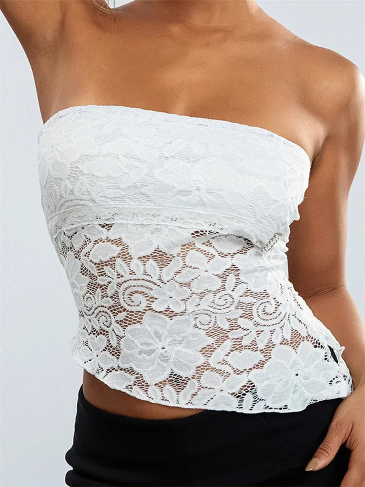 JazzHer 2024 Sexy Summer Fashion Tube Sleeveless Lace Floral Bustiers Irregular Hem Corsets Mini Vest  Crop Tops