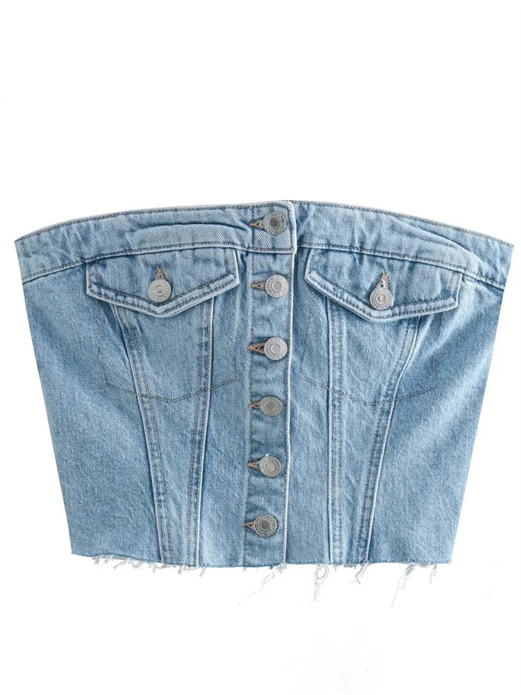 JazzHer 2024 Sexy Tube Sleeveless Buttons Up Bustiers Corsets Denim Off Shoulder Cropped Tank Mini Vest  Crop Tops