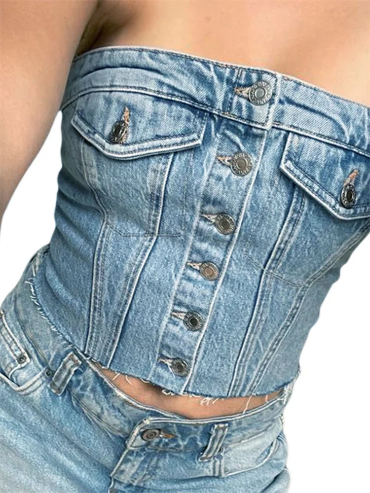 JazzHer 2024 Sexy Tube Sleeveless Buttons Up Bustiers Corsets Denim Off Shoulder Cropped Tank Mini Vest  Crop Tops