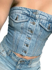 JazzHer 2024 Sexy Tube Sleeveless Buttons Up Bustiers Corsets Denim Off Shoulder Cropped Tank Mini Vest  Crop Tops