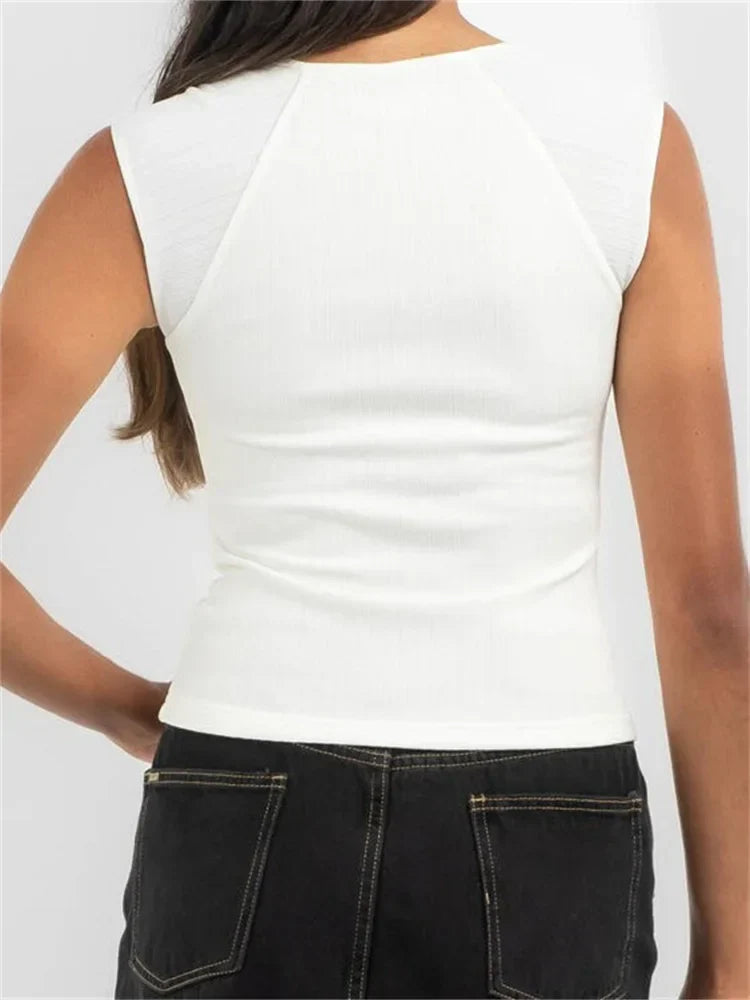 JazzHer 2024 Slim Fit Sleeveless White Square Neck Low Cut Vest Cropped Party Streetwear Crop Tops