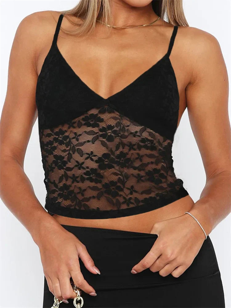 JazzHer 2024 Sleeveless Strap Camis V Neck Summer Lace Mesh See Through Tank Slim Fit Mini Vest Streetwear  New Crop Tops