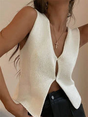 JazzHer 2024 Fall Fashion 2024 Knitted Sweaters Vest Casual Retro Sleeveless V-Neck Buttons Up Tank Summer Autumn Chic Vest  Club Crop Tops