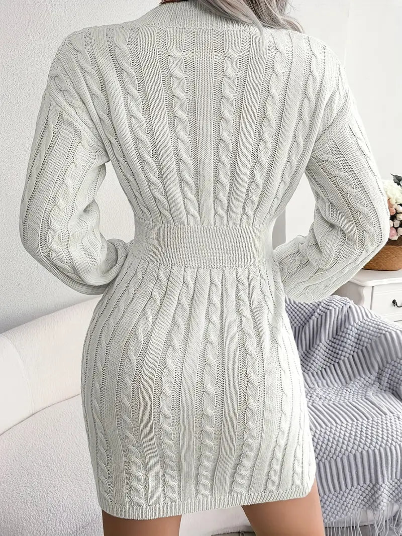 JazzHer Cable Knit V Neck Sweater Dress