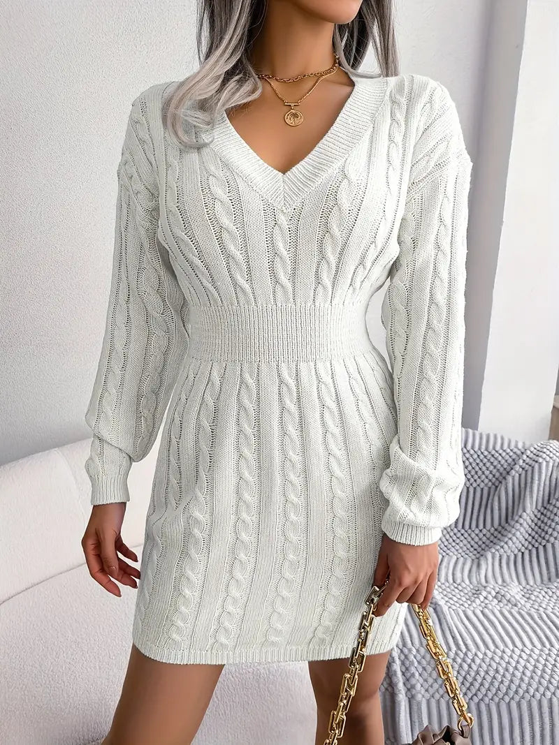 JazzHer Cable Knit V Neck Sweater Dress