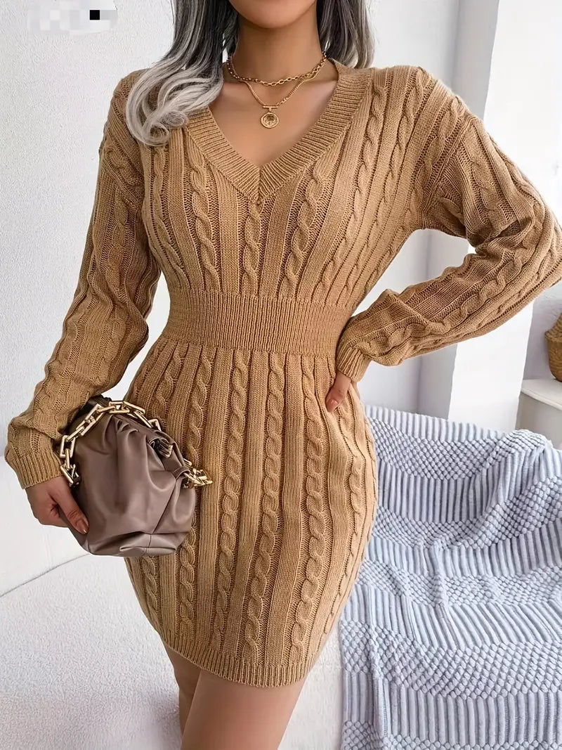 JazzHer Cable Knit V Neck Sweater Dress