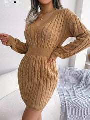 JazzHer Cable Knit V Neck Sweater Dress