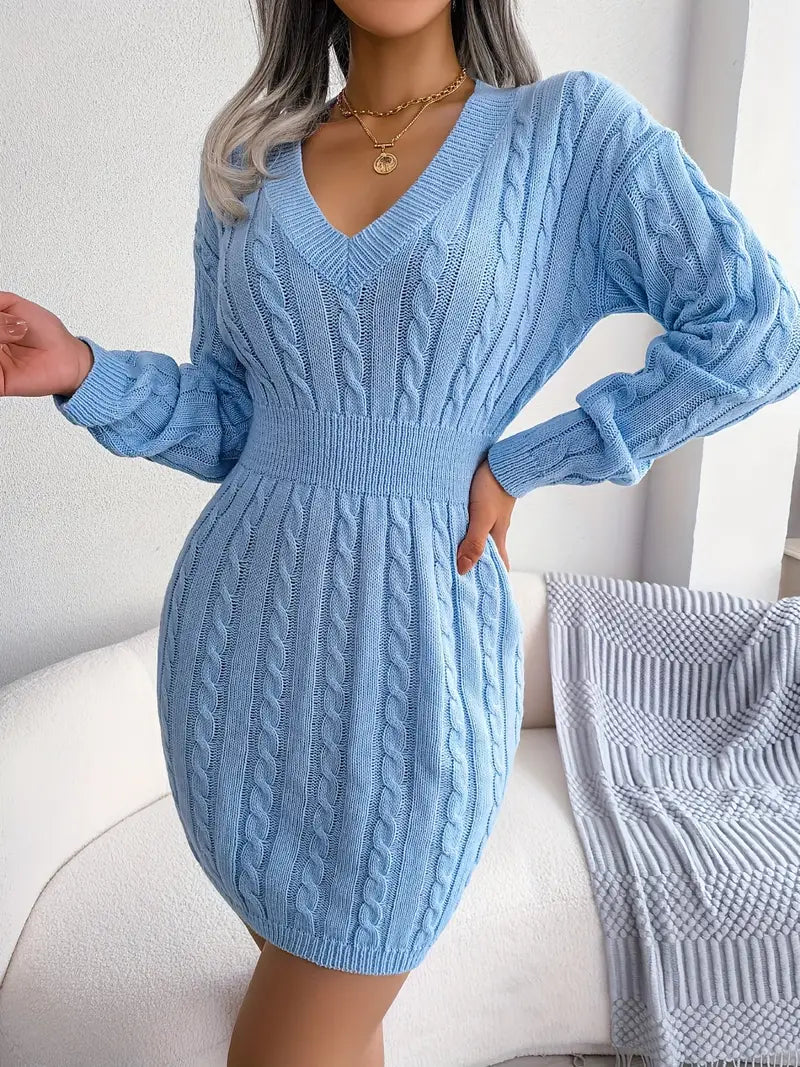 JazzHer Cable Knit V Neck Sweater Dress