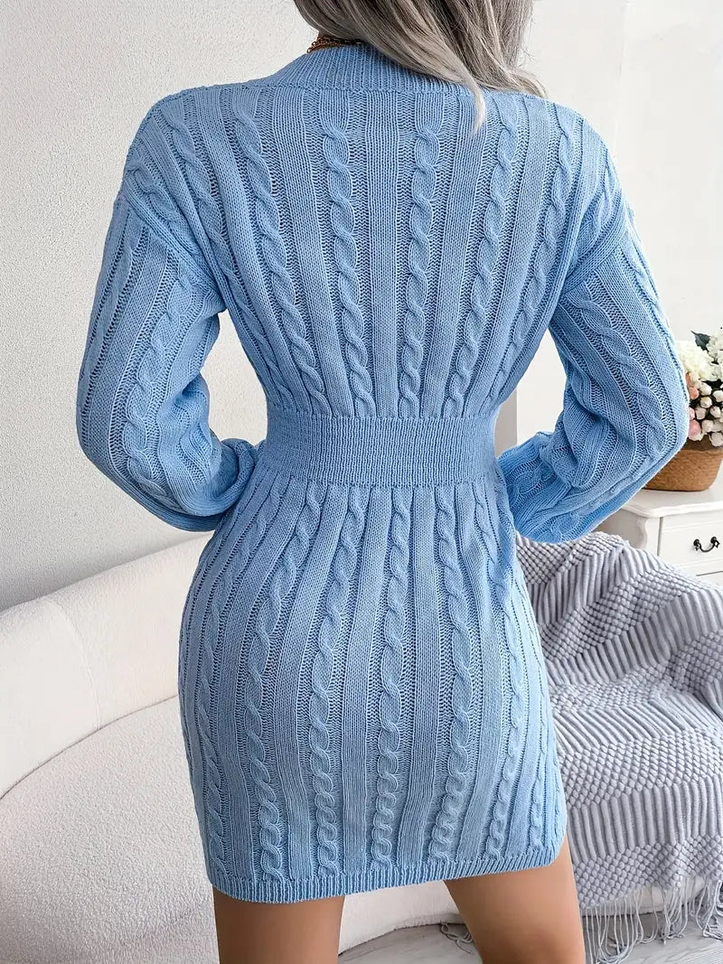JazzHer Cable Knit V Neck Sweater Dress