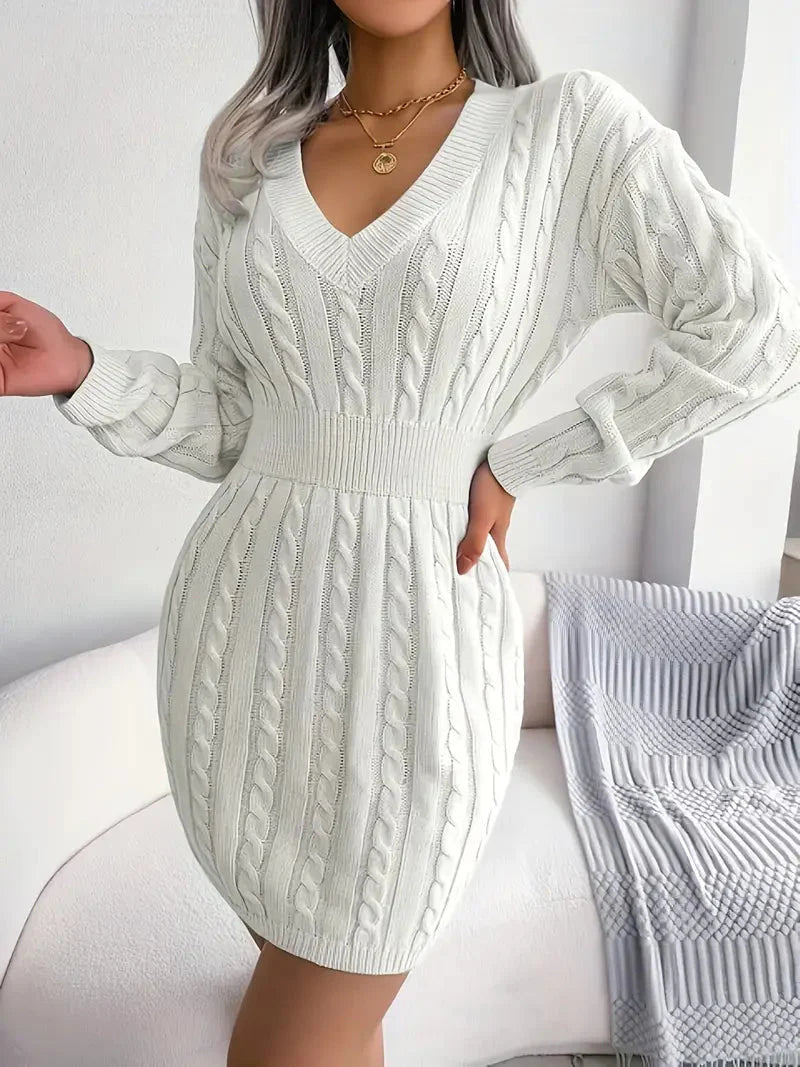 JazzHer Cable Knit V Neck Sweater Dress
