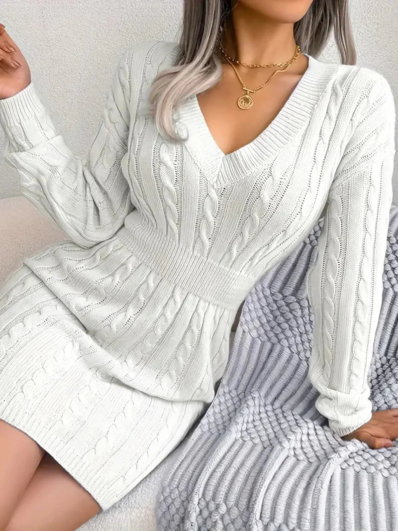 JazzHer Cable Knit V Neck Sweater Dress