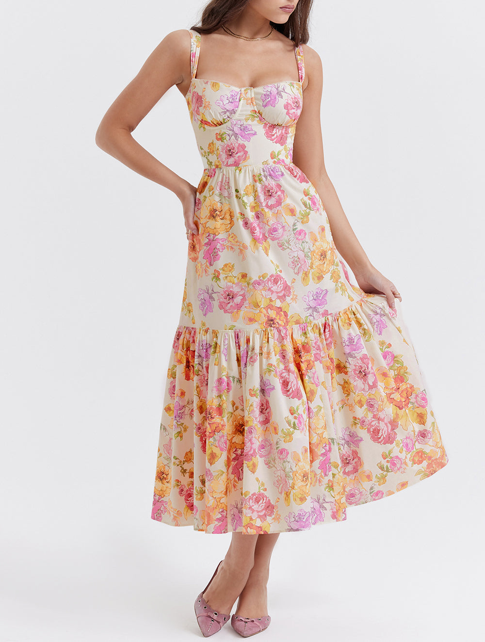 JazzHer Elia Ivory Floral Midi Dress