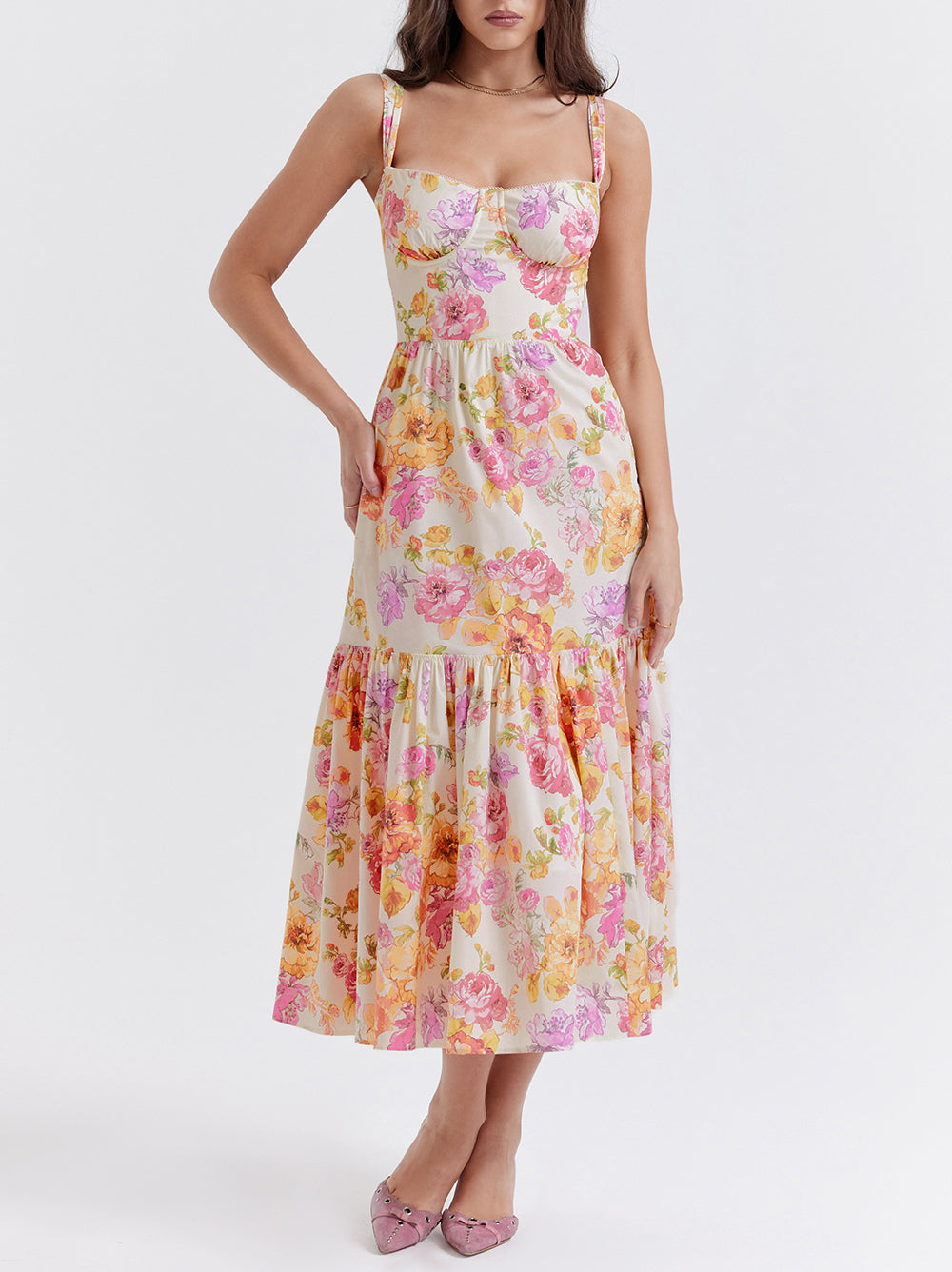 JazzHer Elia Ivory Floral Midi Dress