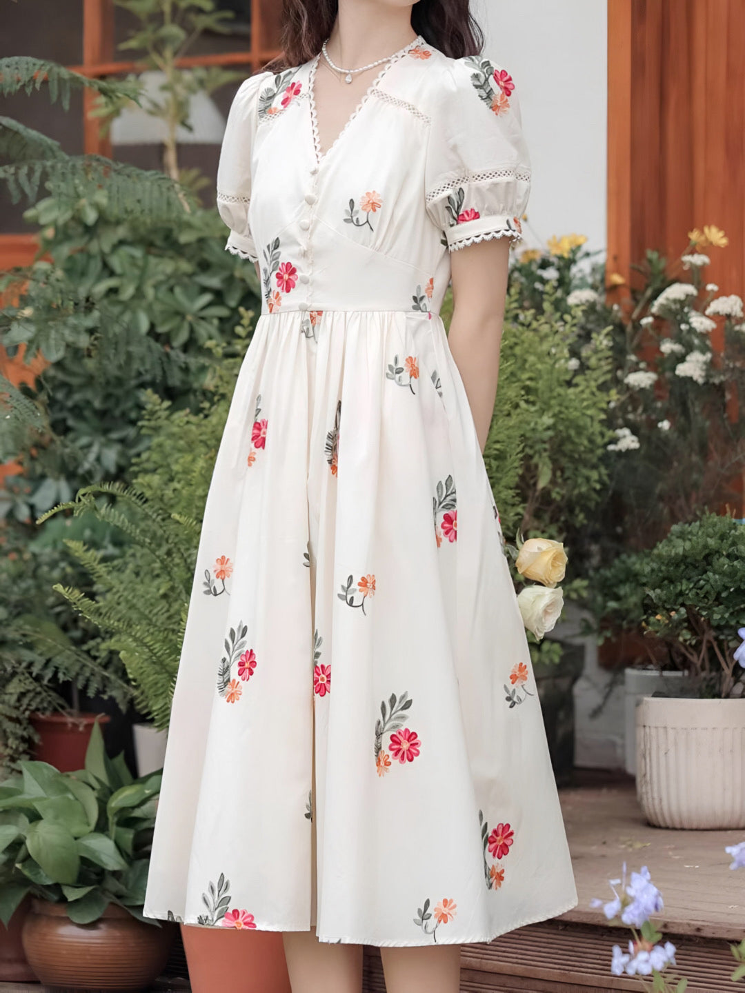 JazzHer Floral Lace Trim Puff Sleeve Midi Dress