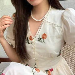 JazzHer Floral Lace Trim Puff Sleeve Midi Dress