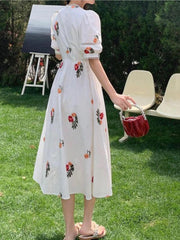 JazzHer Floral Lace Trim Puff Sleeve Midi Dress