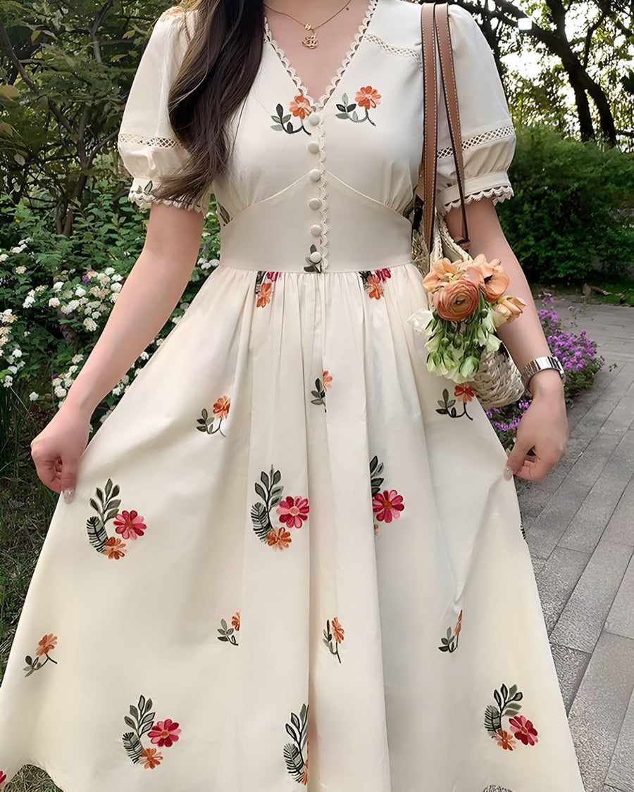 JazzHer Floral Lace Trim Puff Sleeve Midi Dress
