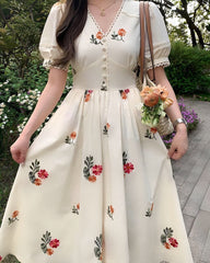 JazzHer Floral Lace Trim Puff Sleeve Midi Dress