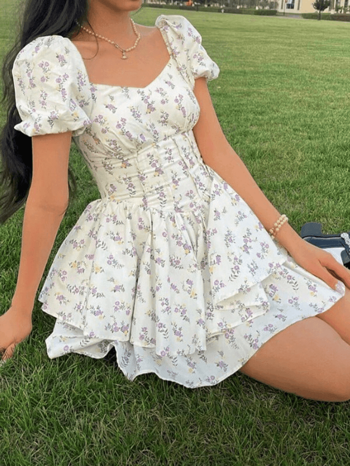 JazzHer Floral Puff Sleeve Corset Tiered Mini Dress