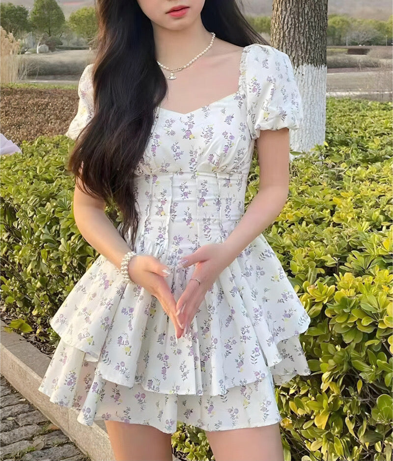 JazzHer Floral Puff Sleeve Corset Tiered Mini Dress