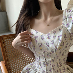 JazzHer Floral Puff Sleeve Corset Tiered Mini Dress